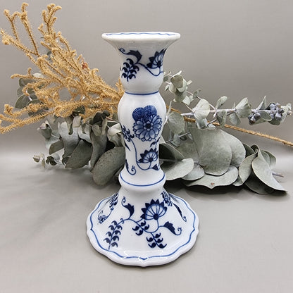 Blue Danube porcelain candle holder with floral onion pattern in blue on white.