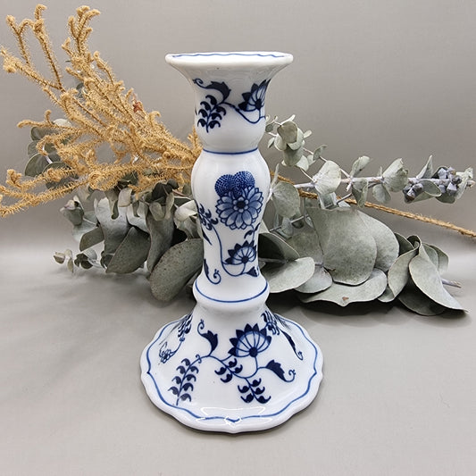 Blue Danube porcelain candle holder with floral onion pattern in blue on white.