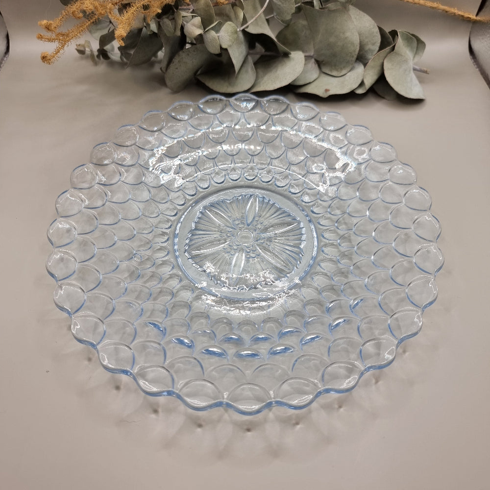 Bagley Art Deco blue pressed glass dish with scalloped edge and floral starburst centre