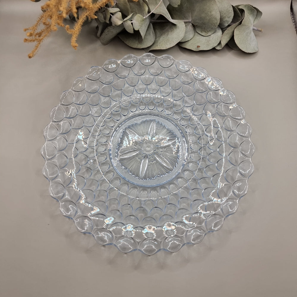 Bagley Art Deco blue pressed glass dish with scalloped edge and floral starburst centre