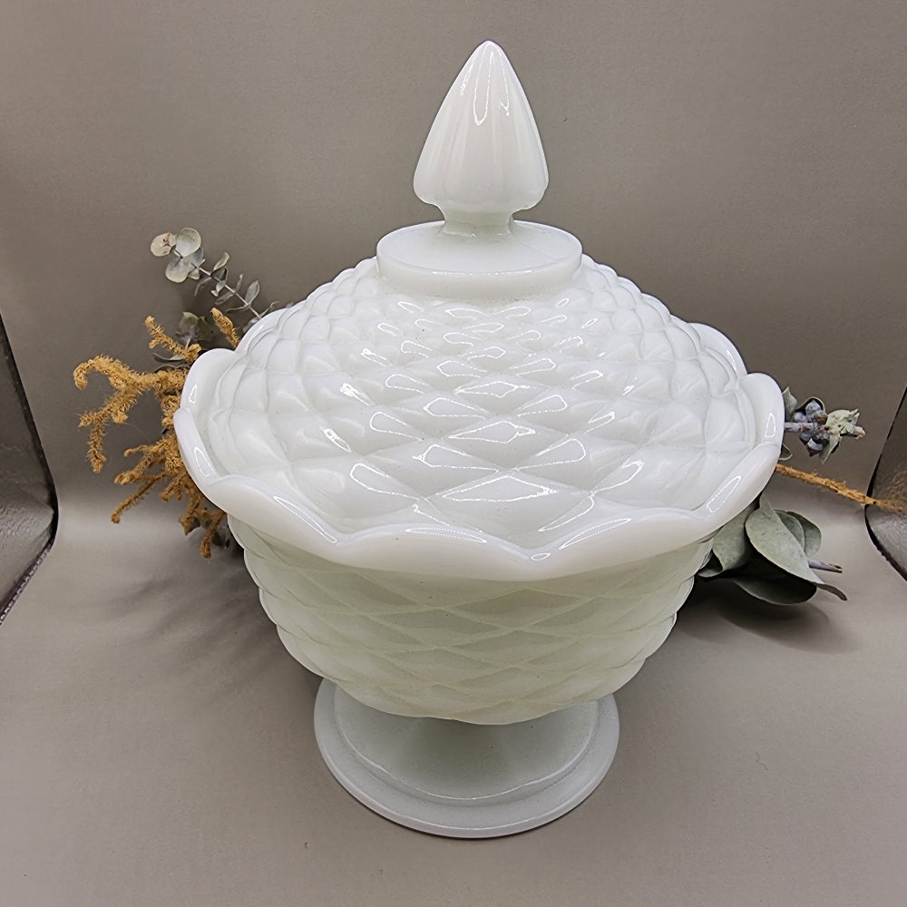Anchor Hocking white milk glass lidded compote dish with pedestal base