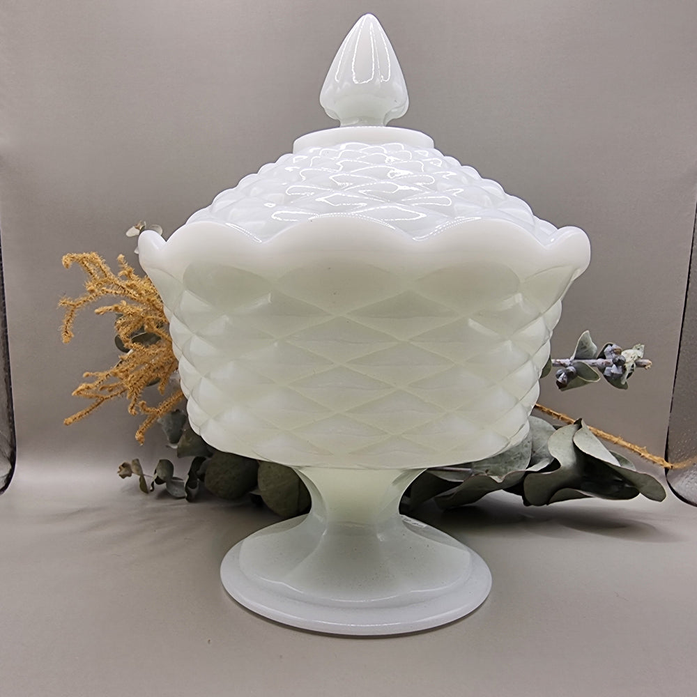 Anchor Hocking white milk glass lidded compote dish with pedestal base