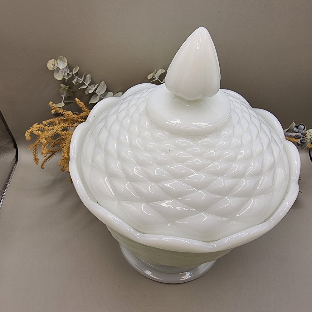 Anchor Hocking white milk glass lidded compote dish with pedestal base