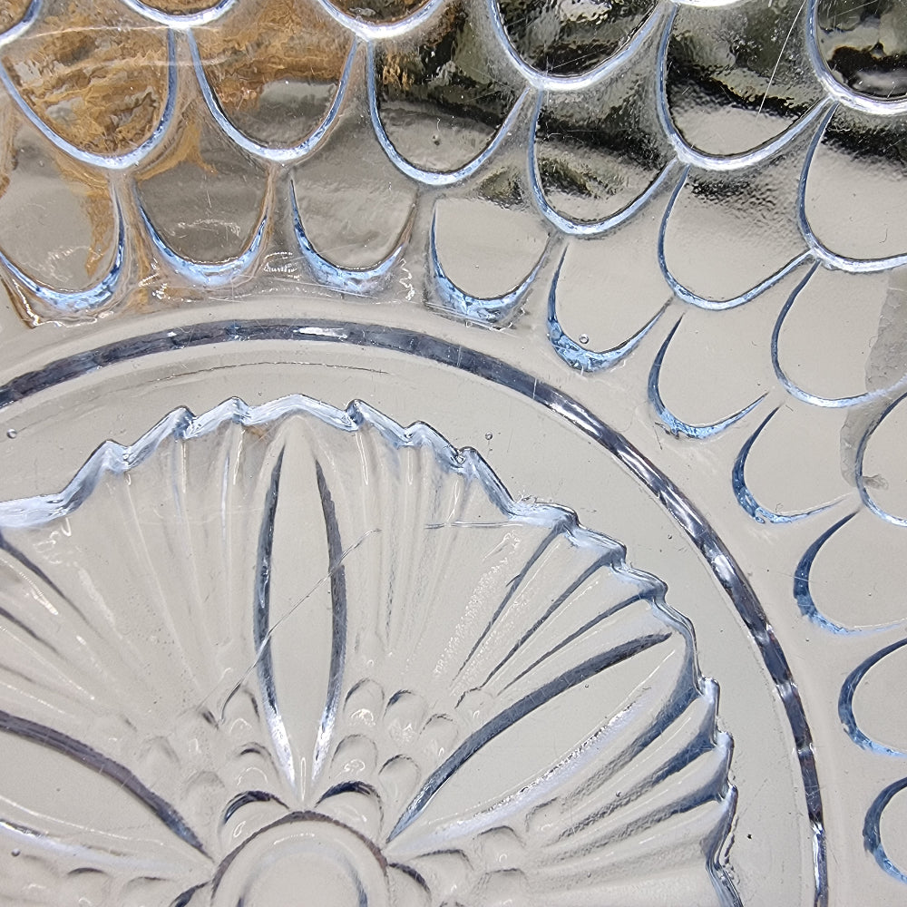 Bagley Art Deco blue pressed glass dish with scalloped edge and floral starburst centre