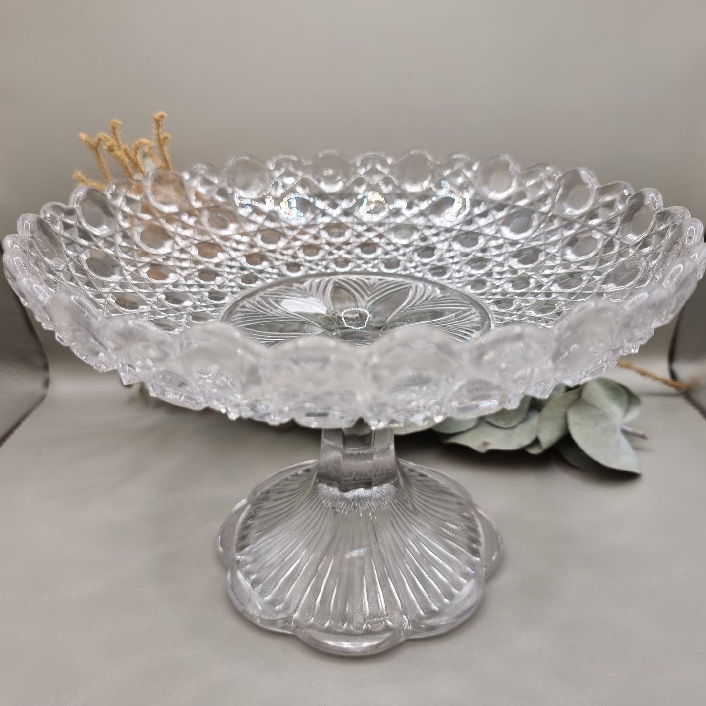 Hobnail pressed glass pedestal compote dish with scalloped edge