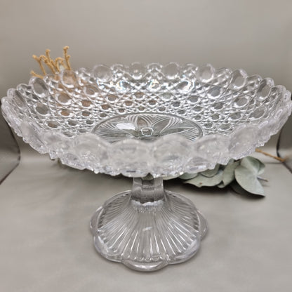 Hobnail pressed glass pedestal compote dish with scalloped edge