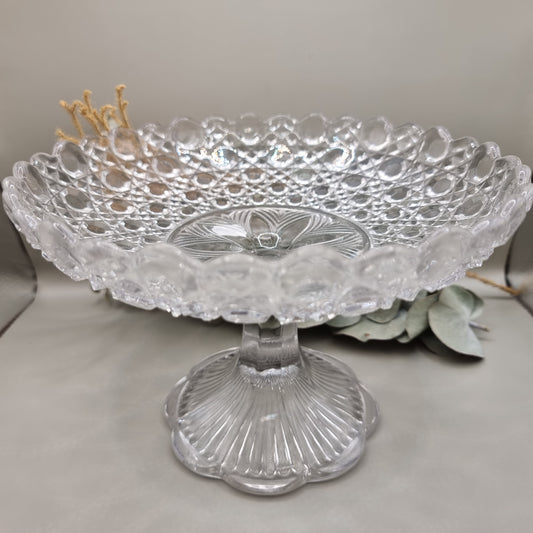 Hobnail pressed glass pedestal compote dish with scalloped edge