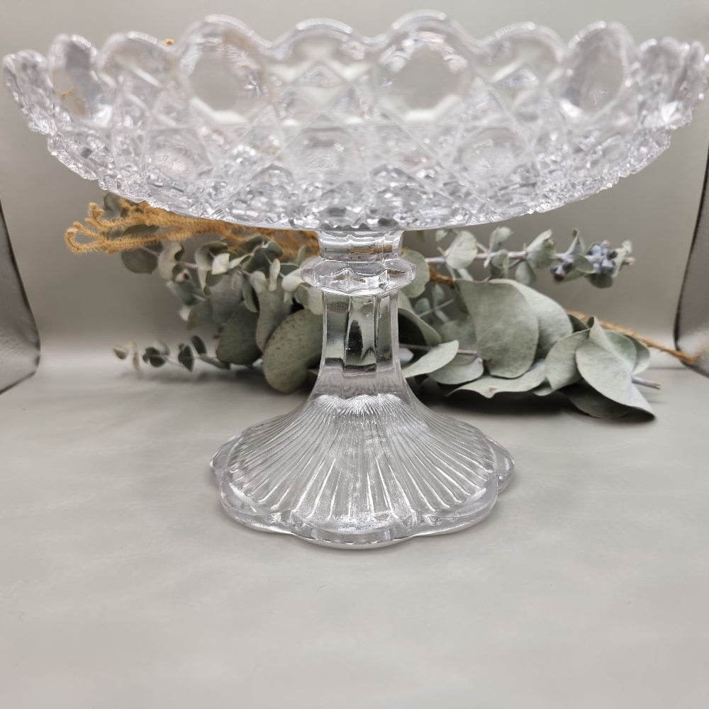 Hobnail pressed glass pedestal compote dish with scalloped edge