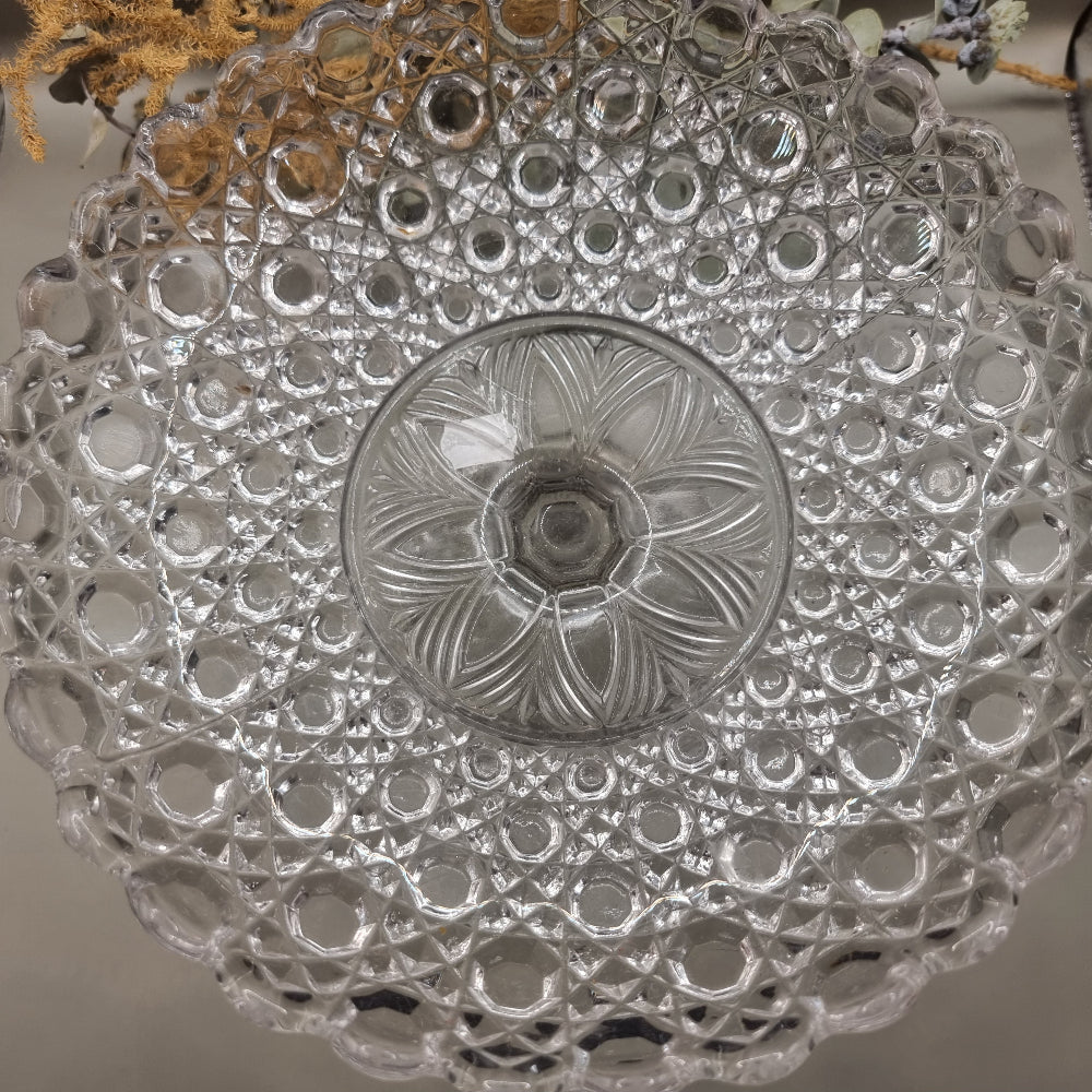 Hobnail pressed glass pedestal compote dish with scalloped edge