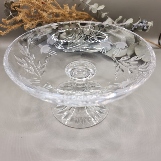Etched glass pedestal dish with floral and leaf pattern and fluted base