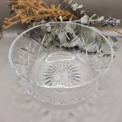 Deep pressed glass bowl with crosshatch pattern and starburst base