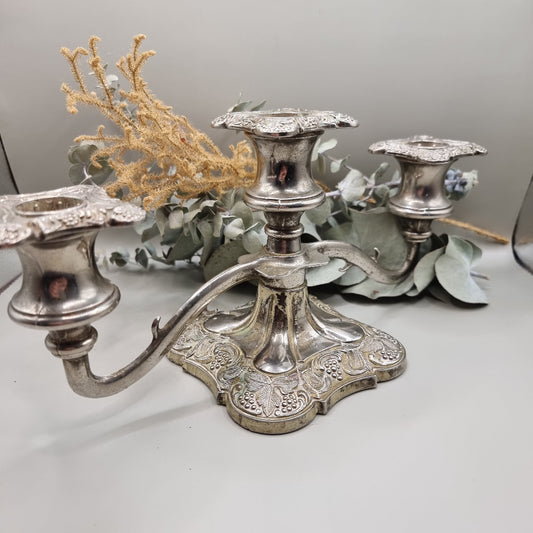 Vintage silver-plated 3 arm candelabra with ornate grape and floral detail