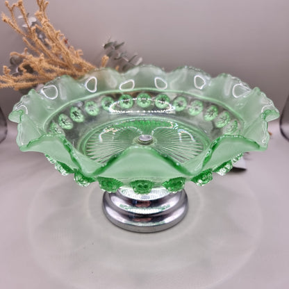 Vintage green glass pedestal bowl with scalloped rim and pressed design