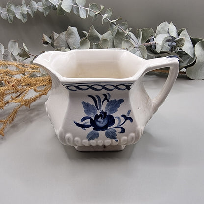 William Adams & Sons 'Baltic' blue and white creamer jug with floral design and scalloped spout.