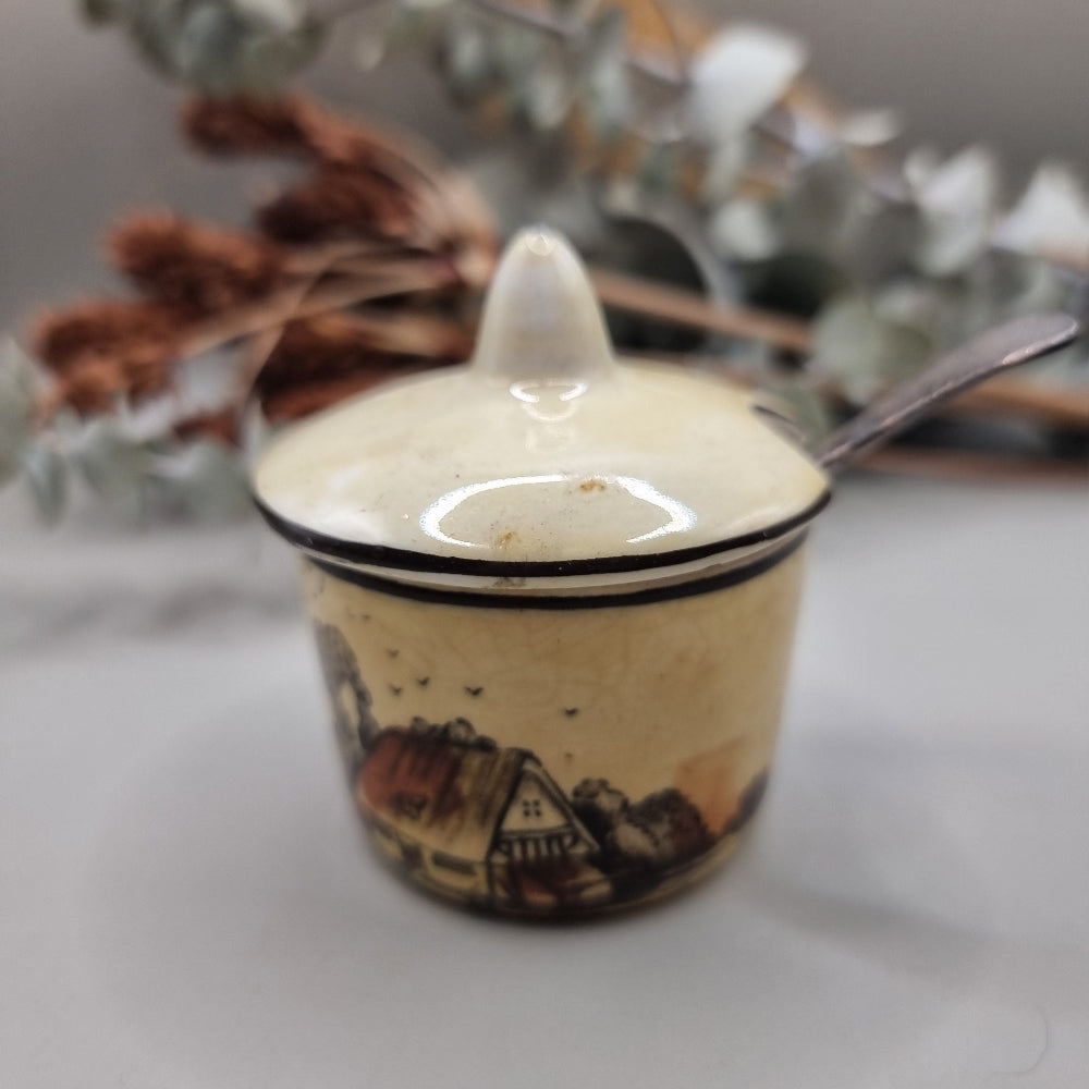 Burslem Countryside Pottery lidded pot with spoon