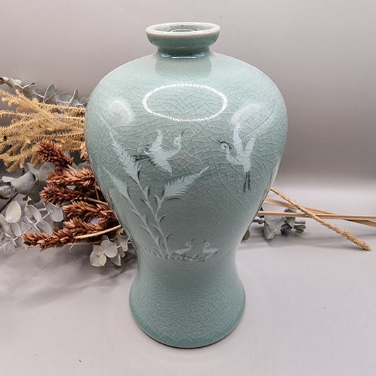 Large celadon crackle glaze vase with crane and bamboo design