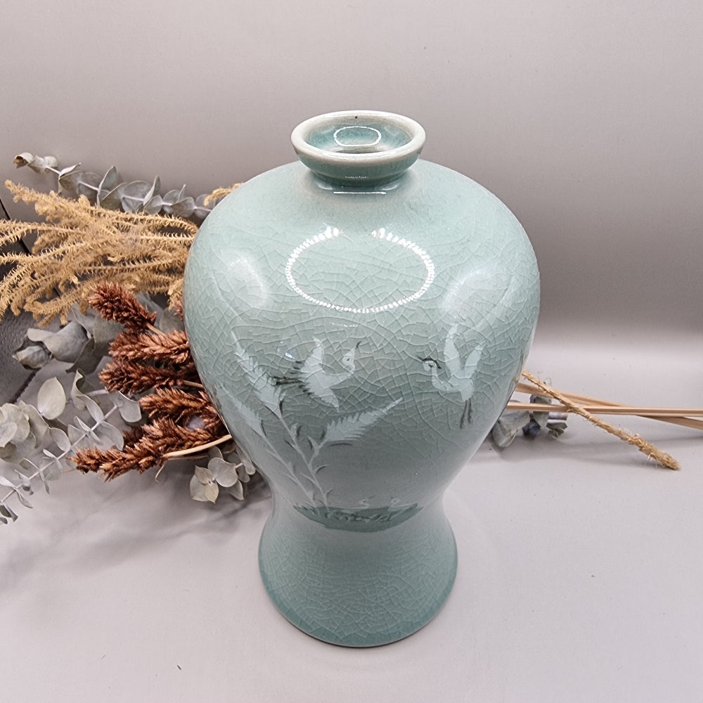 Large celadon crackle glaze vase with crane and bamboo design