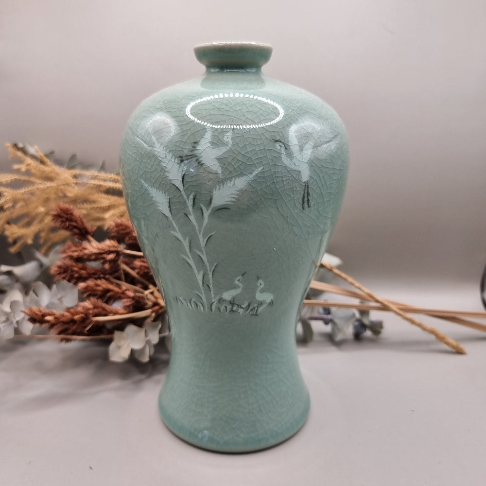 Large celadon crackle glaze vase with crane and bamboo design