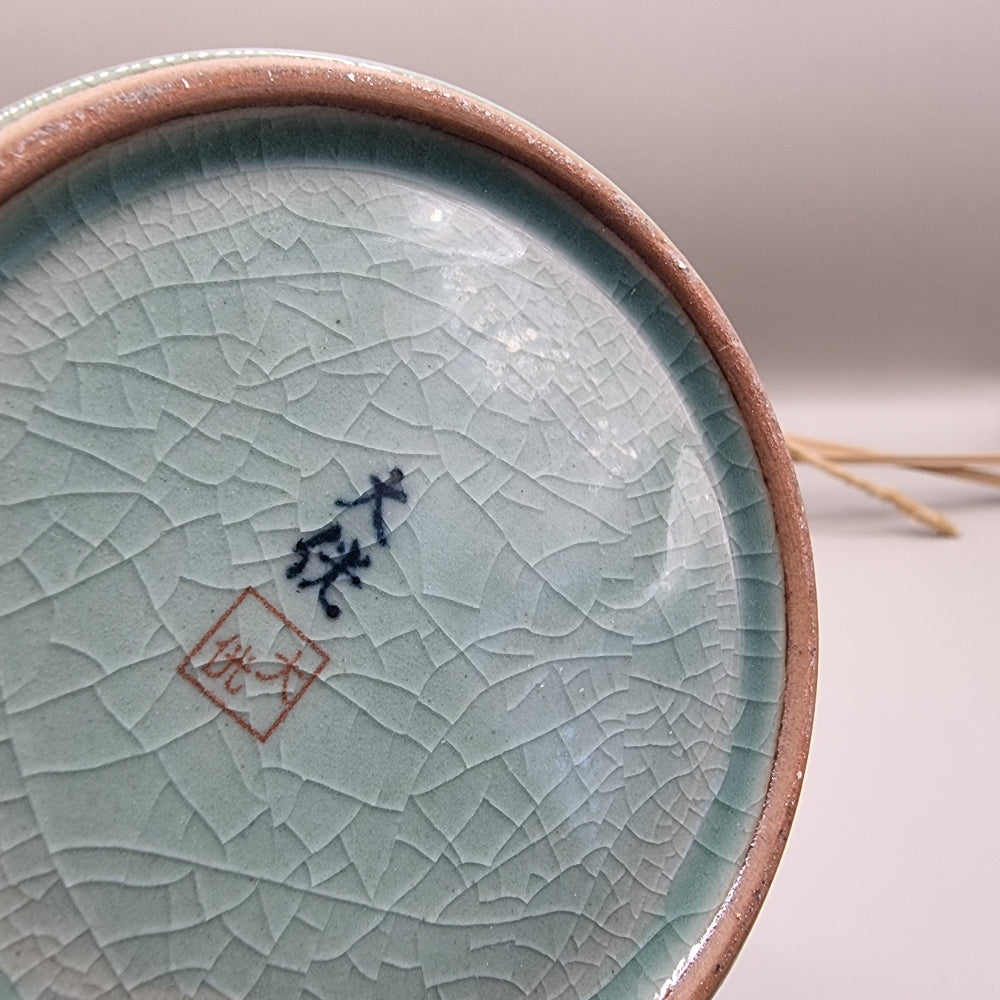 Large celadon crackle glaze vase with crane and bamboo design