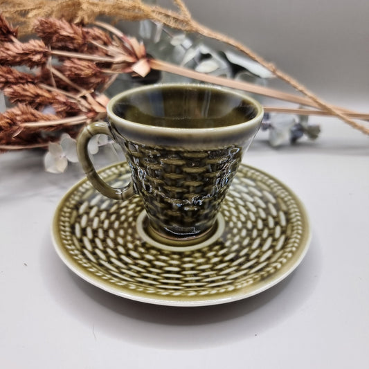 Vintage olive-green demitasse cup and saucer with basket-weave texture