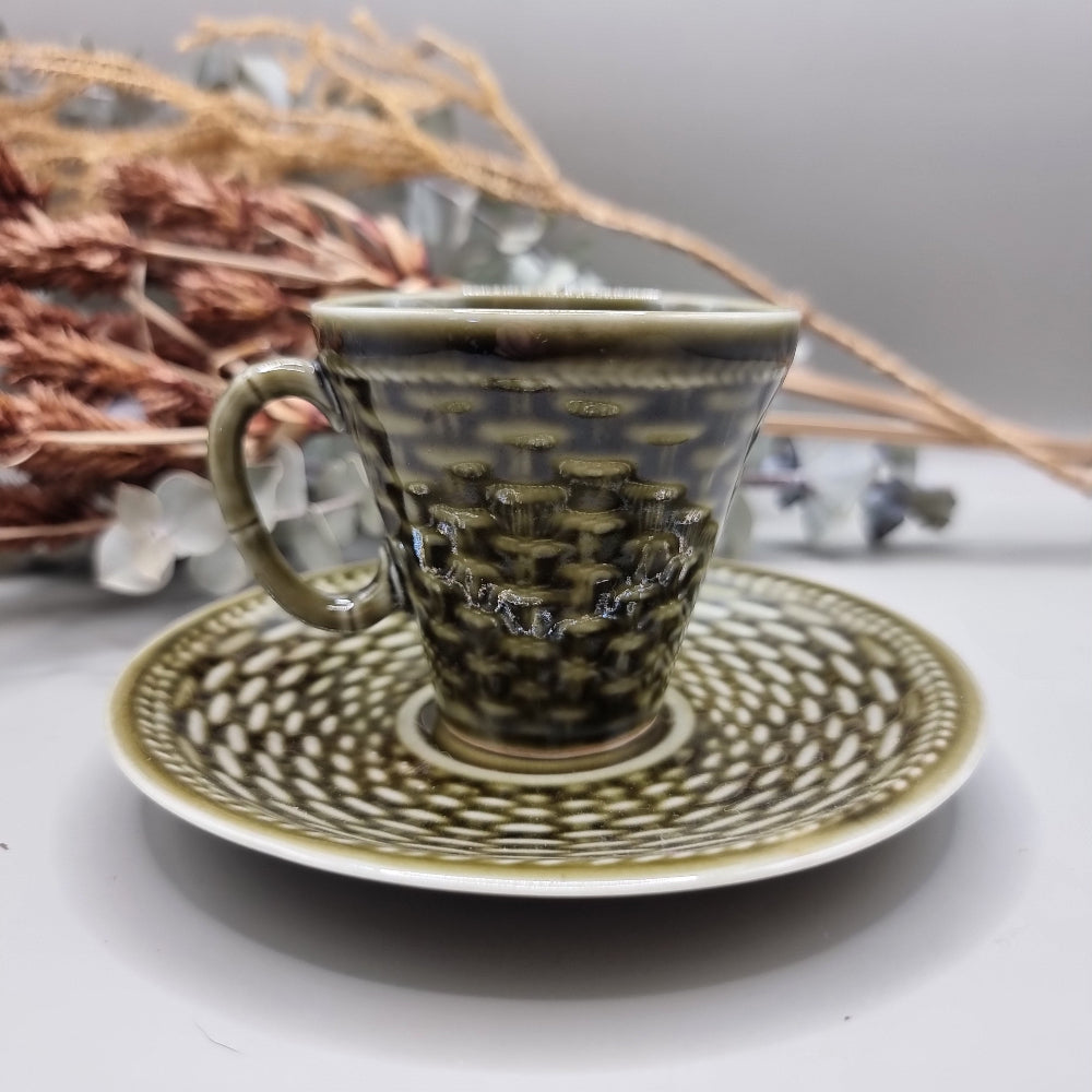 Vintage olive-green demitasse cup and saucer with basket-weave texture