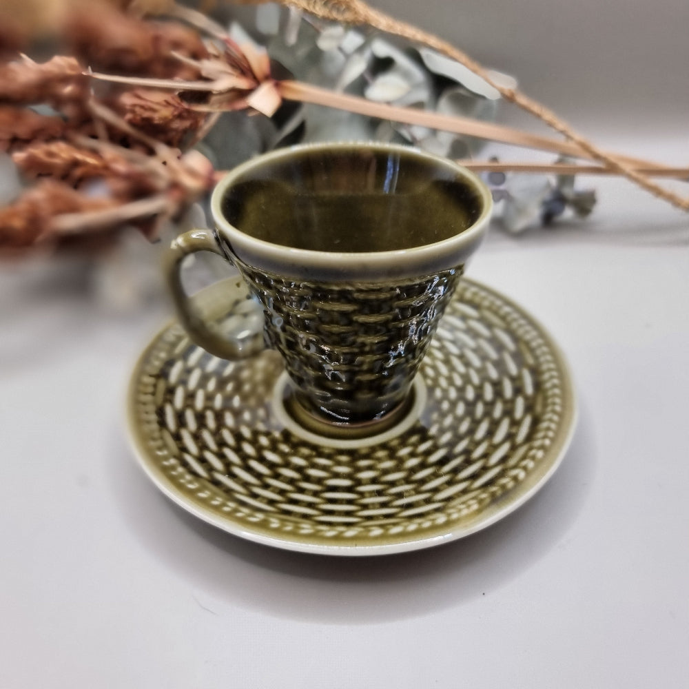 Vintage olive-green demitasse cup and saucer with basket-weave texture