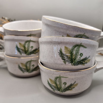 Set of 6 vintage soup bowls with fern print and gold rim.