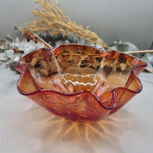 Vintage Amber Glass Ruffled Bowl