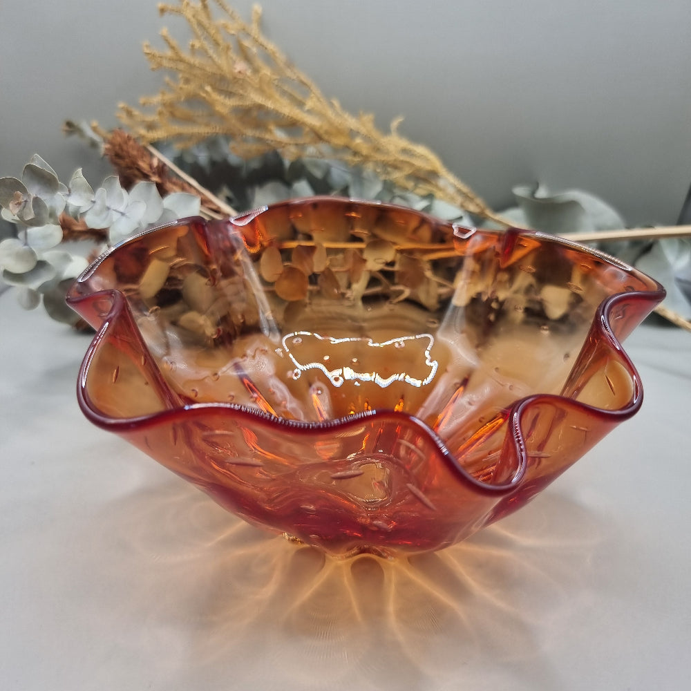 Vintage Amber Glass Ruffled Bowl