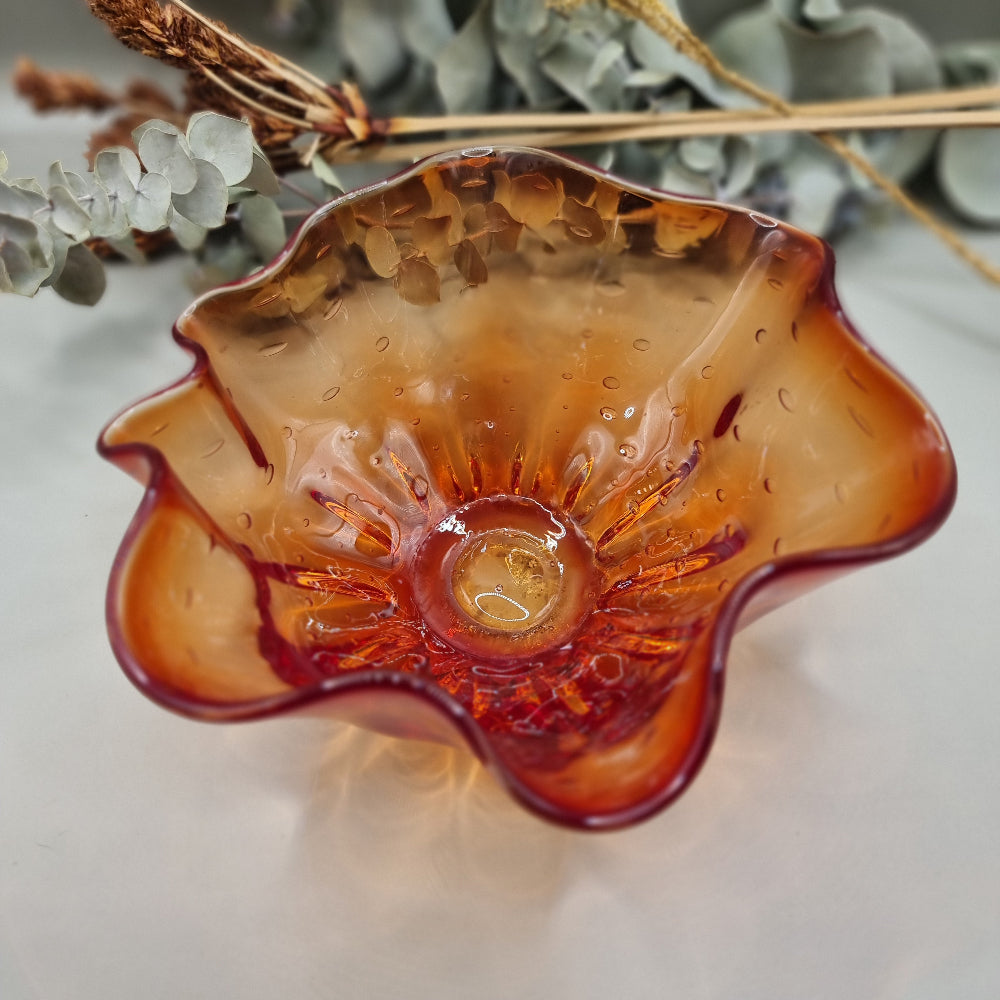Vintage Amber Glass Ruffled Bowl