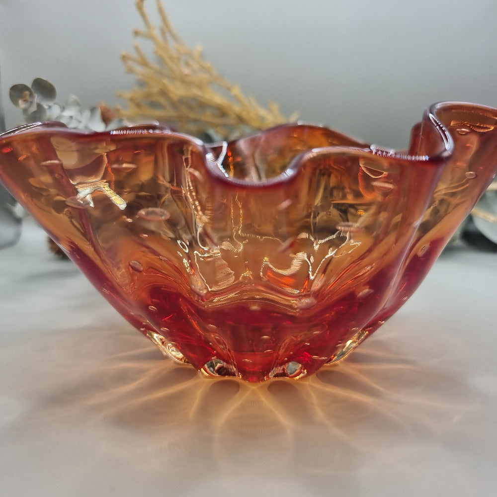 Vintage Amber Glass Ruffled Bowl