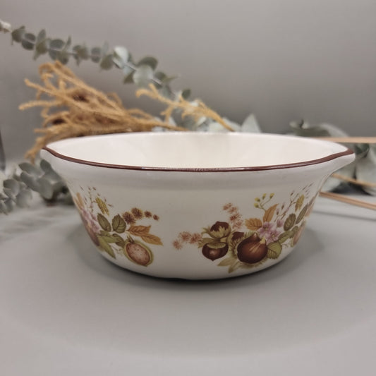 Ceramic bowl with autumn fruit and floral motif and brown rim