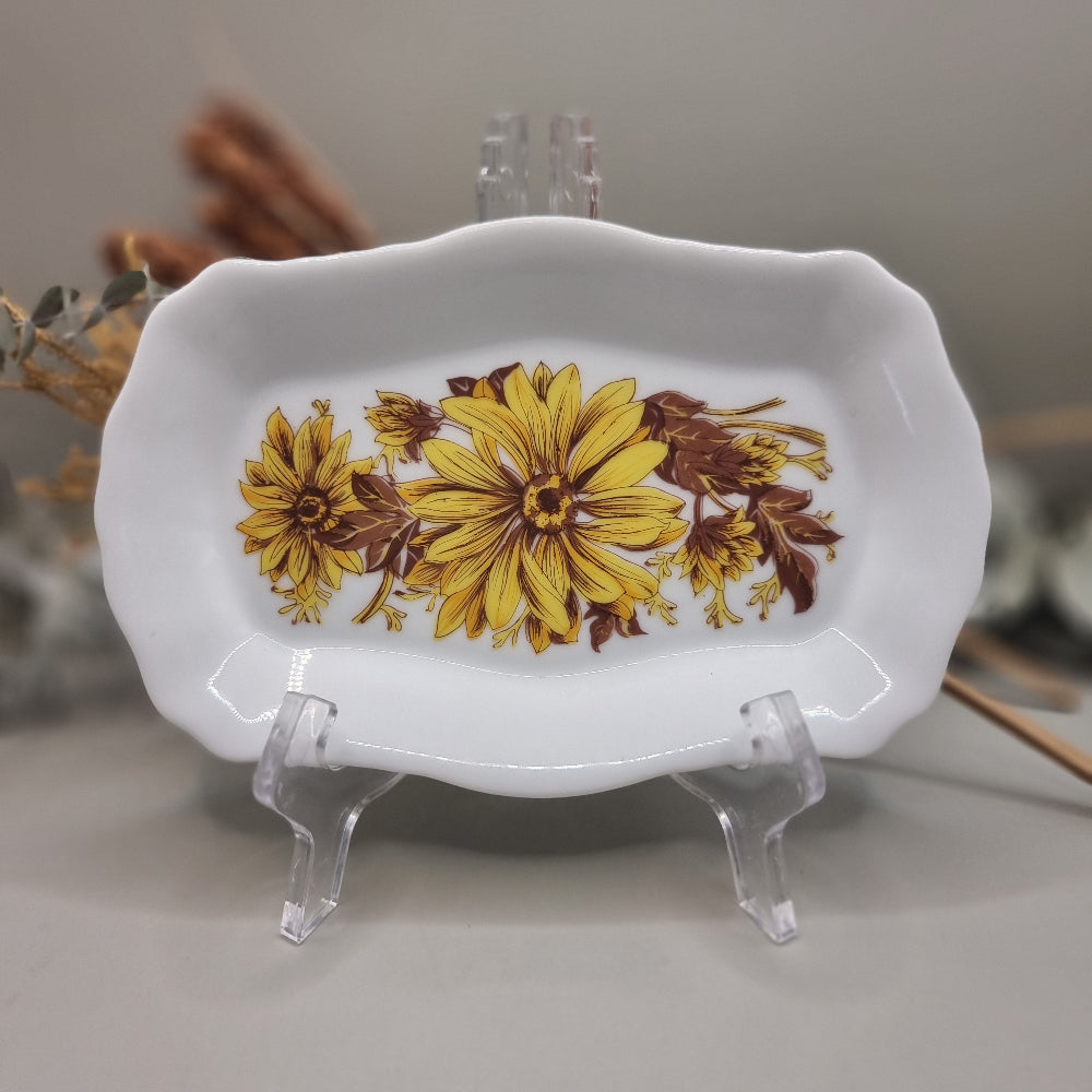 White china dish with bright yellow and brown floral design, made by Westminster Australia