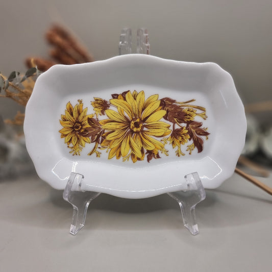 White china dish with bright yellow and brown floral design, made by Westminster Australia