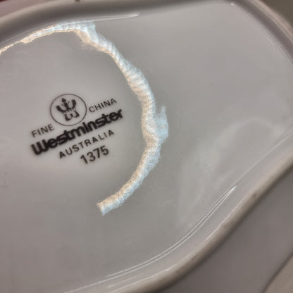 White china dish with bright yellow and brown floral design, made by Westminster Australia