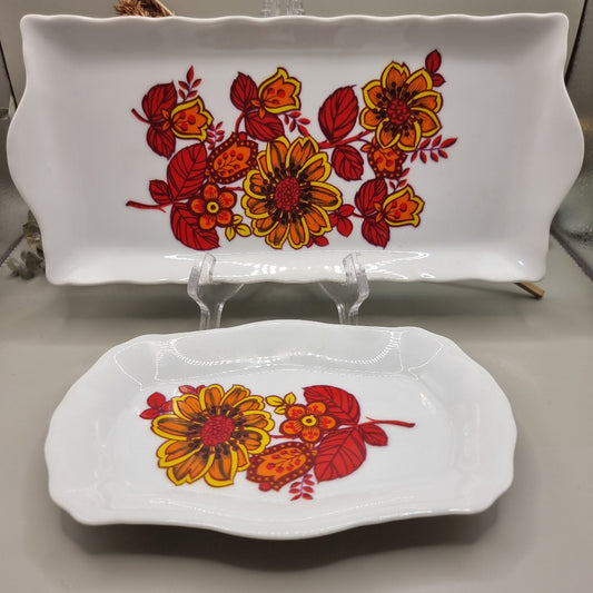 Set of two Westminster Sierra serving plates with bright red and orange 70s floral design