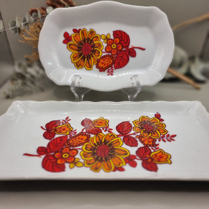 Set of two Westminster Sierra serving plates with bright red and orange 70s floral design