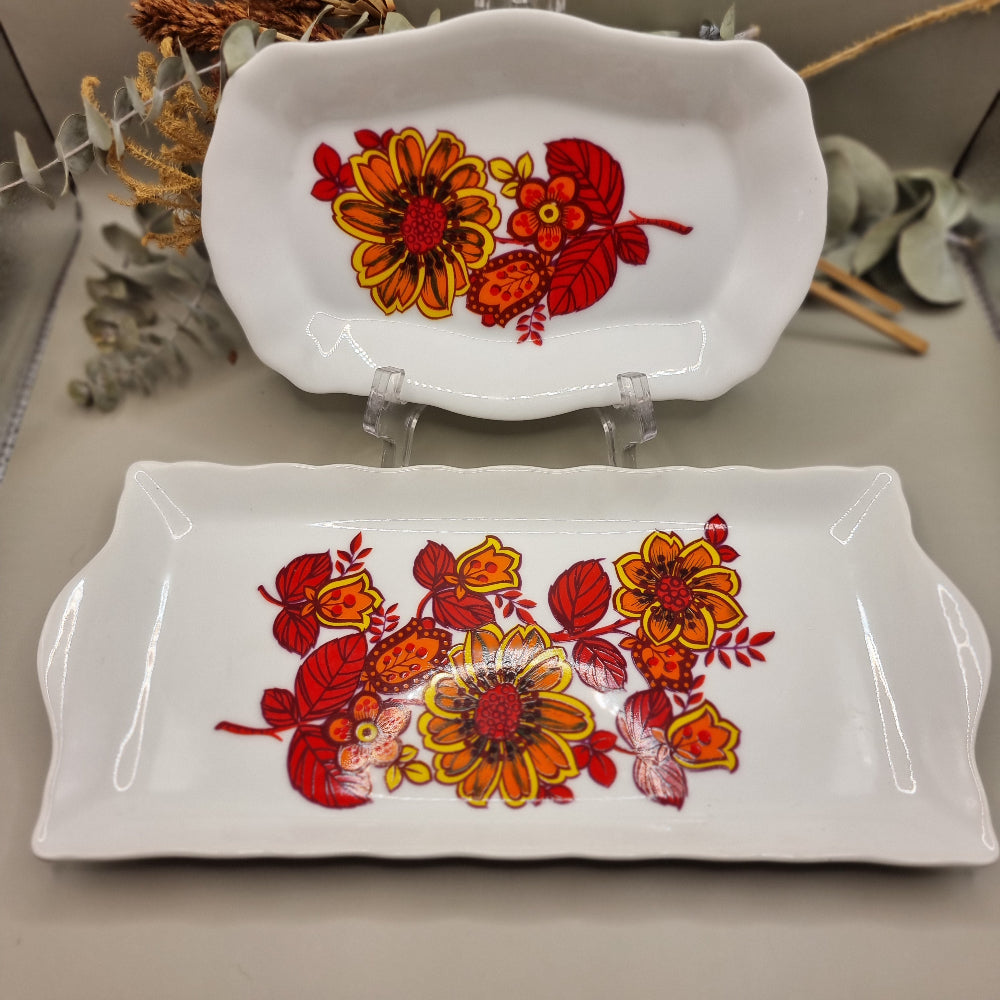 Set of two Westminster Sierra serving plates with bright red and orange 70s floral design