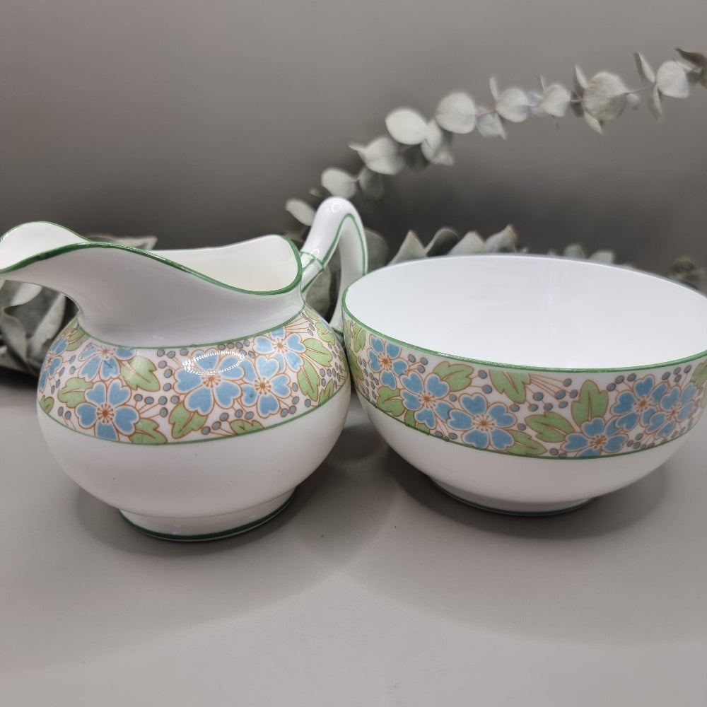 Paragon bone china duo set with blue floral pattern, milk jug and sugar bowl