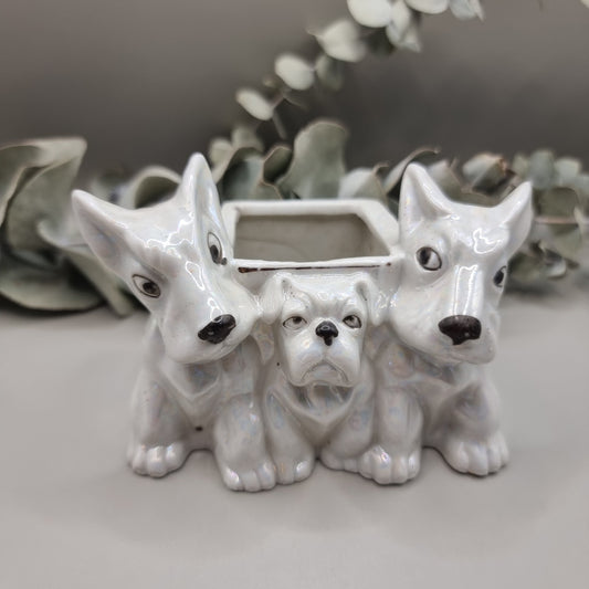 Vintage ceramic dog planter with lustre glaze featuring three dogs – two Scotties and a bulldog