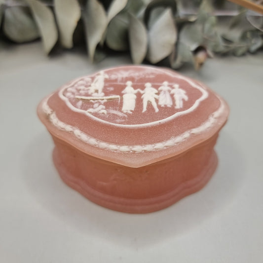 Pink vintage Marlestone trinket box with white classical cameo scene and hinged lid, made in New Zealand.