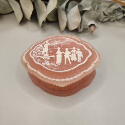 Pink vintage Marlestone trinket box with white classical cameo scene and hinged lid, made in New Zealand.