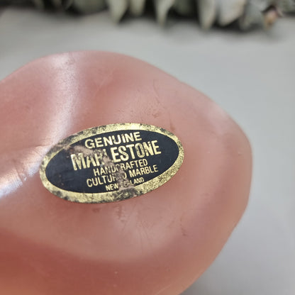 Pink vintage Marlestone trinket box with white classical cameo scene and hinged lid, made in New Zealand.