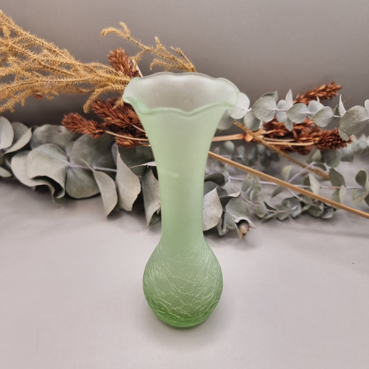 Vintage frosted green bud vase with crackle texture and fluted rim

