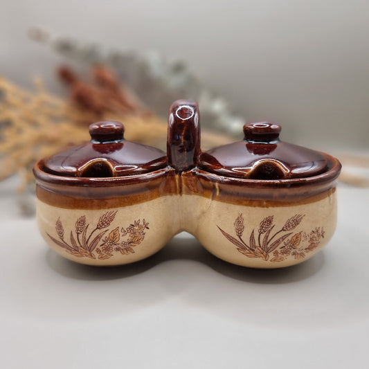 Vintage twin-lidded stoneware condiment pot with wheat sheaf design and brown glaze lids