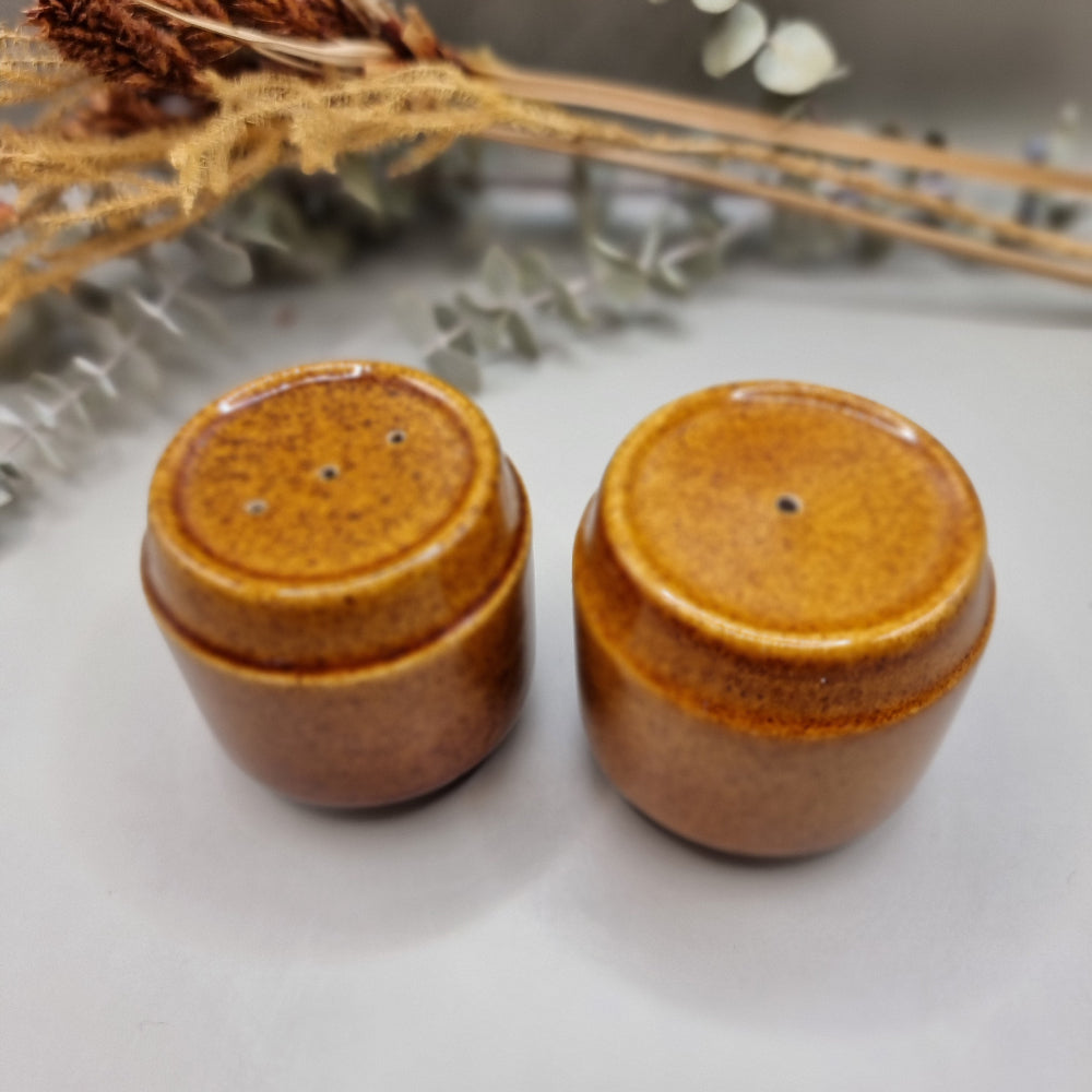 Vintage ceramic salt and pepper shakers in honey brown glaze