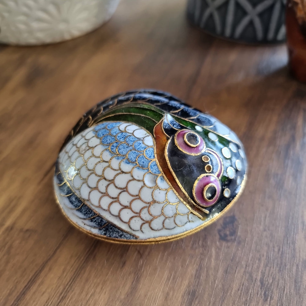 Vintage cloisonné fish-shaped trinket box with colourful enamel and gold filigree detailing