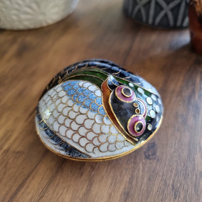 Vintage cloisonné fish-shaped trinket box with colourful enamel and gold filigree detailing