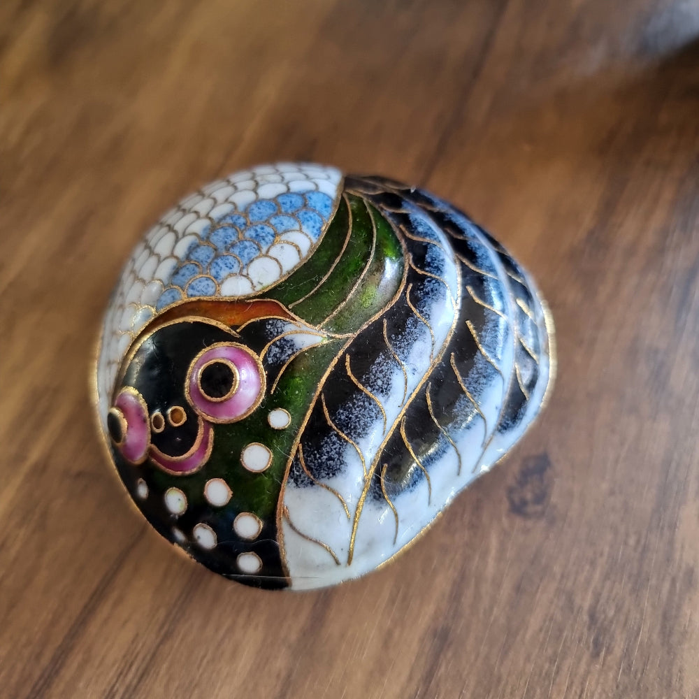 Vintage cloisonné fish-shaped trinket box with colourful enamel and gold filigree detailing