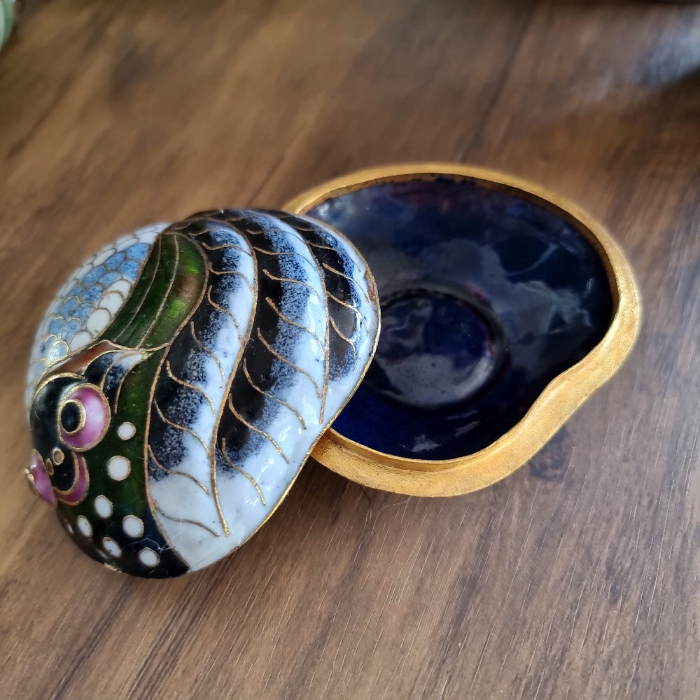 Vintage cloisonné fish-shaped trinket box with colourful enamel and gold filigree detailing